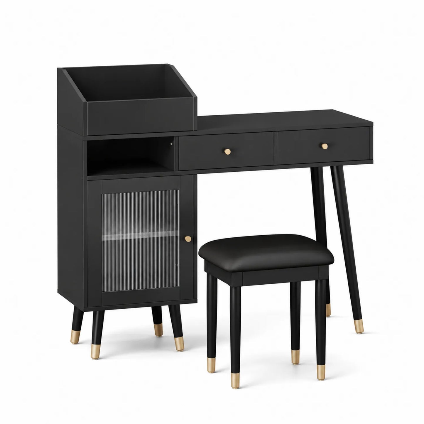Schminktisch Set Schwarz Holz Metall geriffeltes Glas mit Hocker