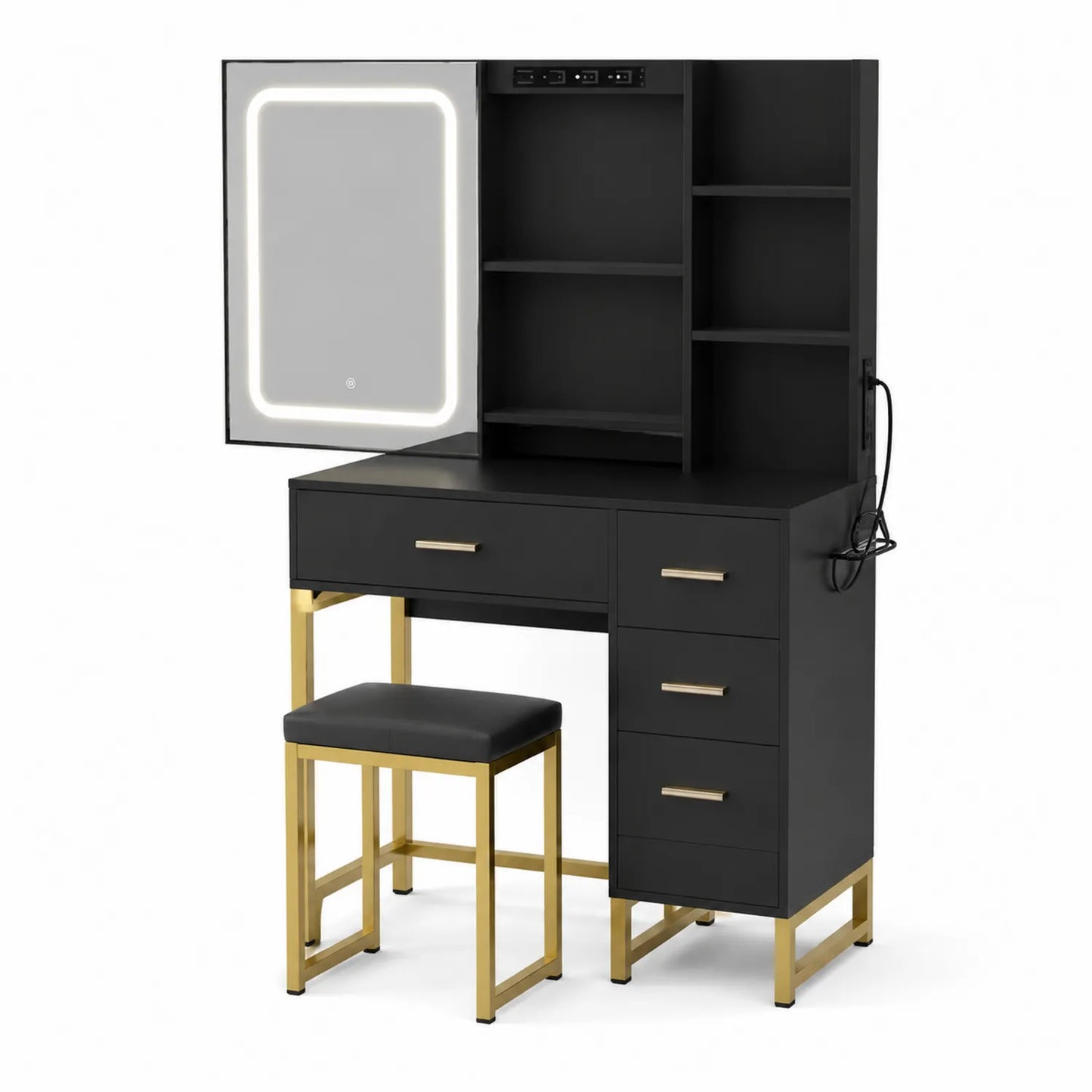 Schminktisch Set Schwarz mit LED-Spiegel und Hocker, MDF-Holz, 120 cm