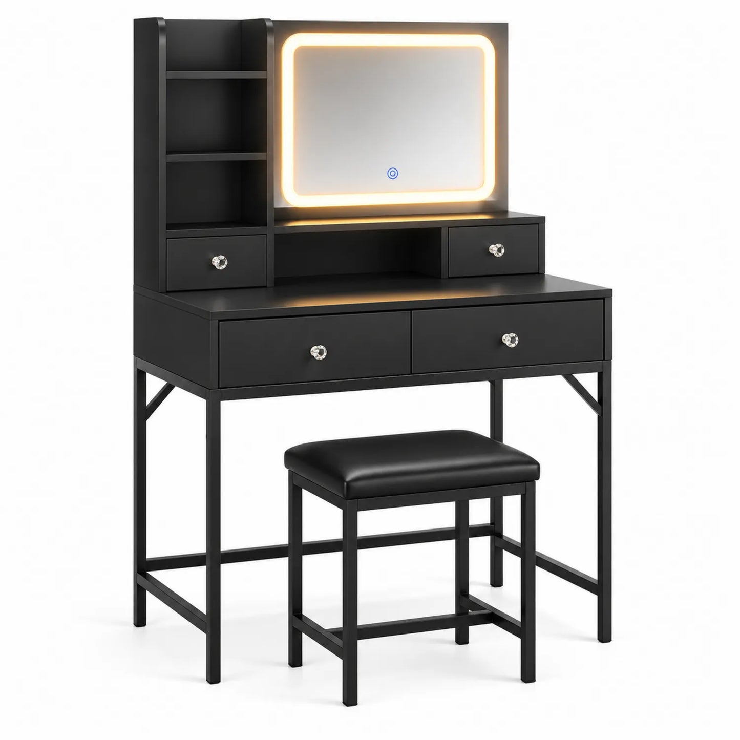 Schminktisch Set mit LED-Beleuchtung, Schwarz, 4 Schubladen, Holzwerkstoff