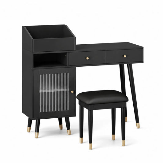 Schminktisch Set Schwarz Holz Metall geriffeltes Glas mit Hocker