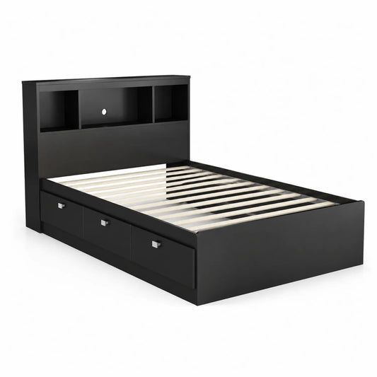 Schwarzes Bett mit Stauraum und Regal 200x160cm Holz