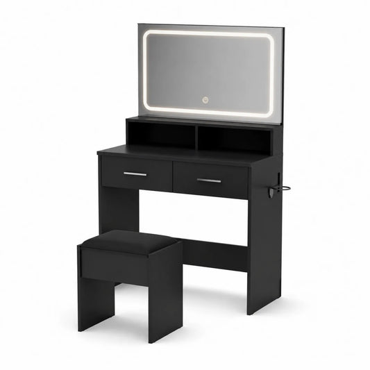 Frisiertisch Set mit Spiegel LED Beleuchtung Schwarz MDF