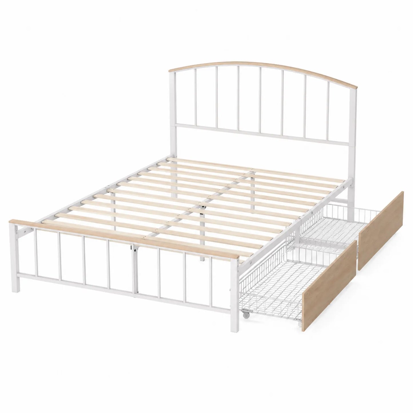 Metallbett mit Holzleisten und Aufbewahrungsschubladen 200x160 cm Weiß