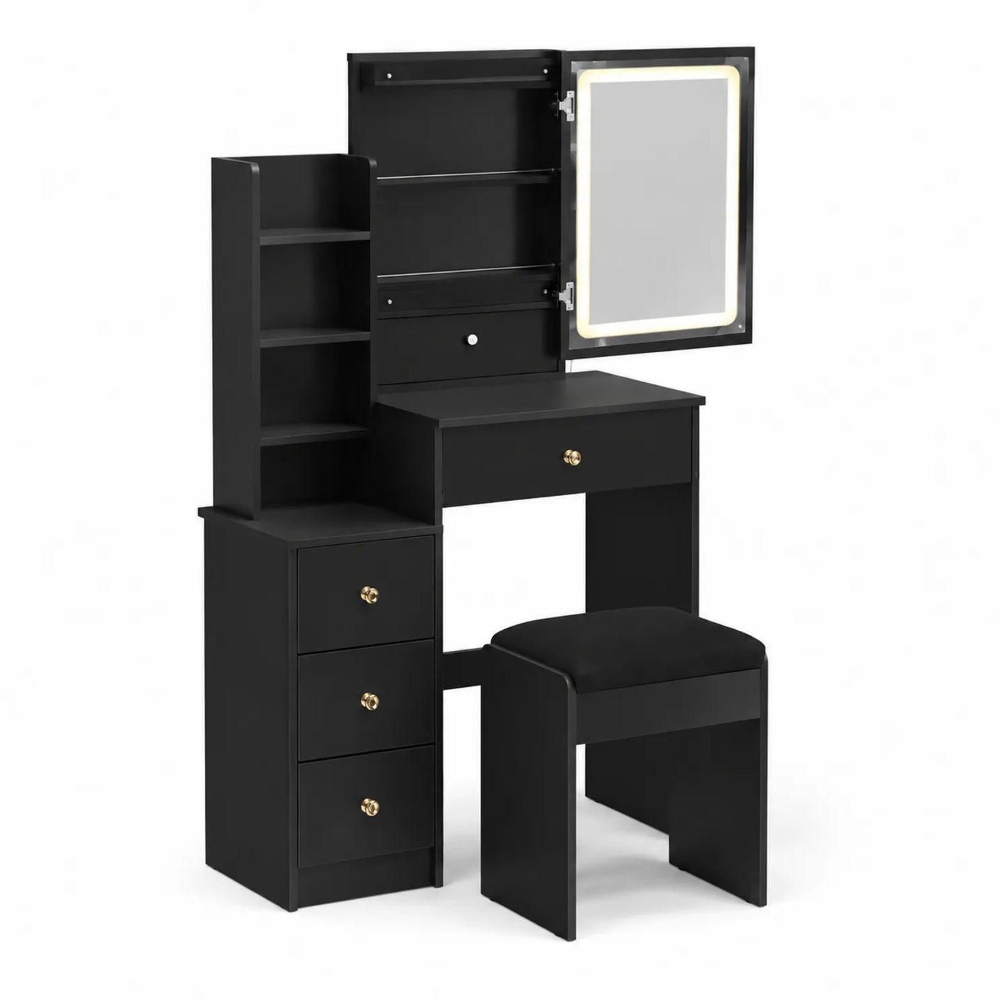 MDF Schminktisch Set mit Spiegel und LED-Beleuchtung, Schwarz